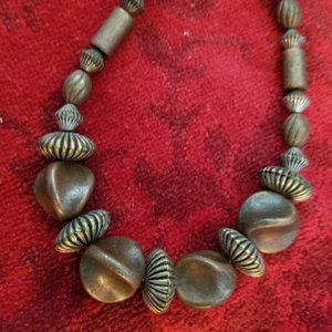 Vintage Bronze Colored Wood & Metal Necklace